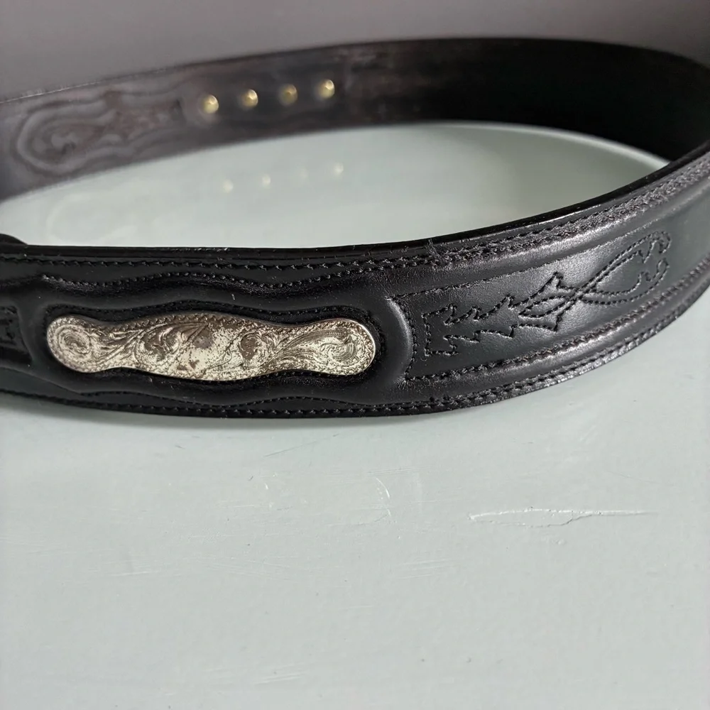 Western Black Leather Men’s Belt with Silver Accents Size 36